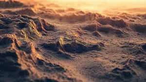 A stunning close-up of a desert landscape with textured sand dunes bathed in golden sunlight