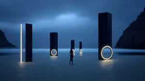 Abstract Illuminated Pillars on Dark Beach Landscape	