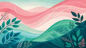 Abstract landscape illustration with pink and green hills and stylized foliage