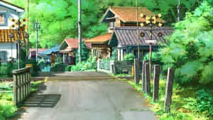 a street with houses and a train