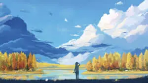 a painting of a person standing in a field with trees and clouds