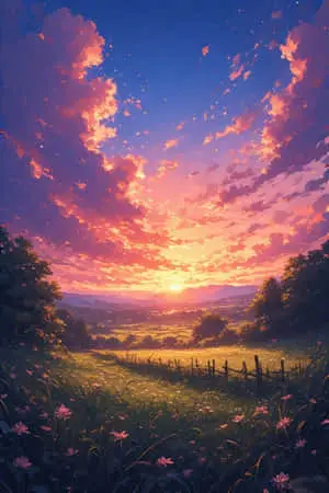 Anime Sunset Rural Scenery Dreamy Vibrant 4K