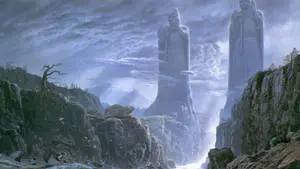Two monumental statues of guardians - the Argonath - stand tall above the Anduin River in Lord of the Rings