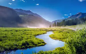 a river runs through the grass