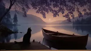 Black Cat on Dock at Lake During Mystical Twilight	