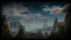 a fantasy landscape with a waterfall and a castle