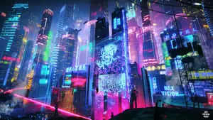 Futuristic sci-fi cityscape in cyberpunk aesthetic 