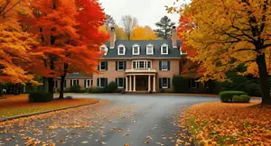 Elegant brick mansion with white columns, surrounded by vibrant autumn trees in shades of orange and