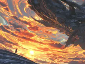 Figure on Alien Landscape Observing Colossal Organic Structure	