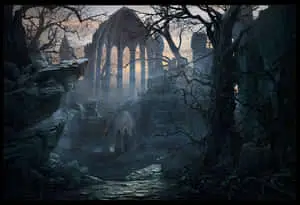 A landscape painting with a gothic tone