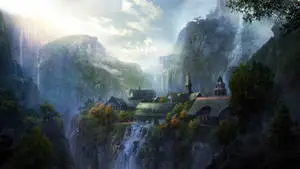 a painting of a waterfall and a castle