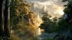 a fantasy scene with a waterfall and trees