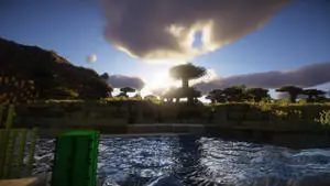 Serene Lake Sunset in Minecraft PC