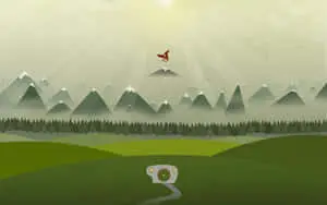 a mountain landscape with a bird flying over it