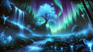 Mystical fantasy landscape with an enchanted glowing forest and auroras