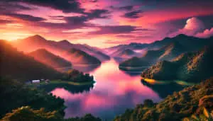 Nature-themed wallpaper with a peaceful lake and sunset vibes