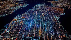 aerial view of new york city at night