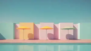 Pastel Paradise Poolside with Geometric Walls & Umbrellas	