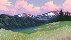 pixel art of a mountain landscape with flowers and grass