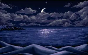 a pixel art image of the ocean and moon
