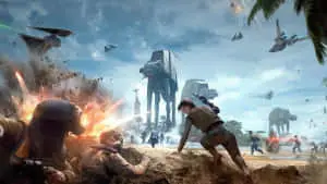 Intergalactic battle on a distant planet in a sci-fi game