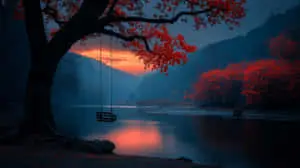 Secluded Swing by Mountain Lake at Sunset	