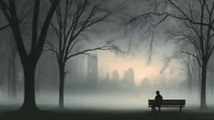 Solitary Figure on Bench Facing Foggy Cityscape Horizon	