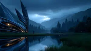 Surreal Alien Structure in Serene Mountain Lake Landscape	