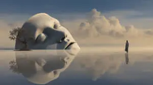 Surreal Landscape with Giant Sleeping Face and Lone Figure Reflecting