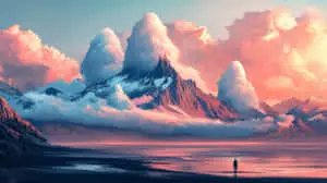 Surreal Landscape with Human-Shaped Clouds and Mountains	