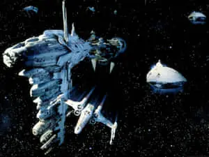 An epic scene from the classic movie Star Wars featuring Luke Skywalker, Rebel Forces and the fight against the Galactic Empire.