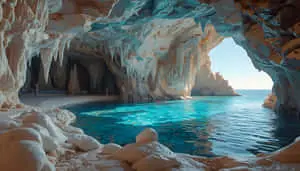 Tropical Sea Cave with Crystal Clear Water and Stalactites Wallpaper