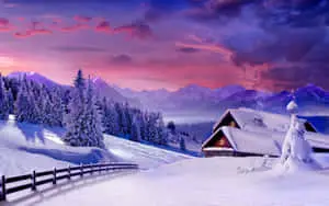 a snowy landscape with a house and trees